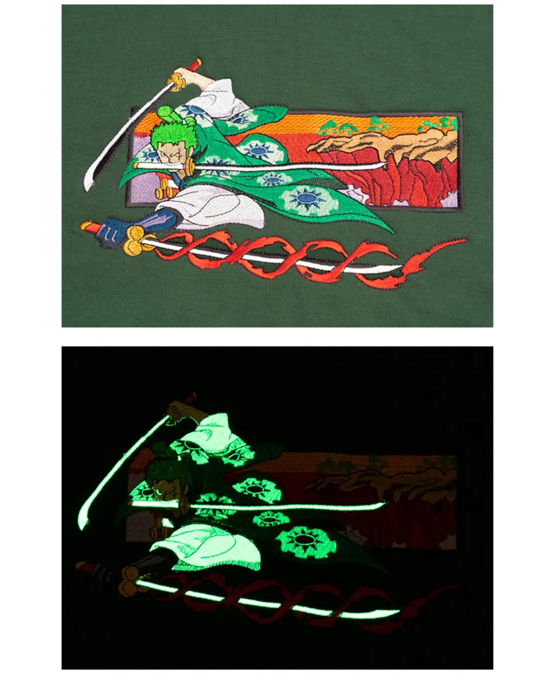 Three Swordsman Zoro Glow-In-The-Dark Embroidered Hoodie